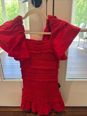 Girls Red Smocked Casual Dress with Puff Sleeves -